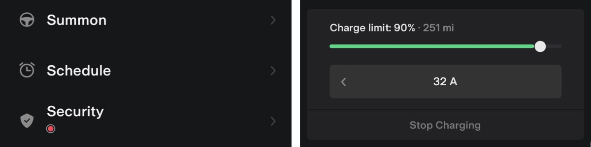 The new Tesla app gives you the ability to adjust charge amps with 2021.36