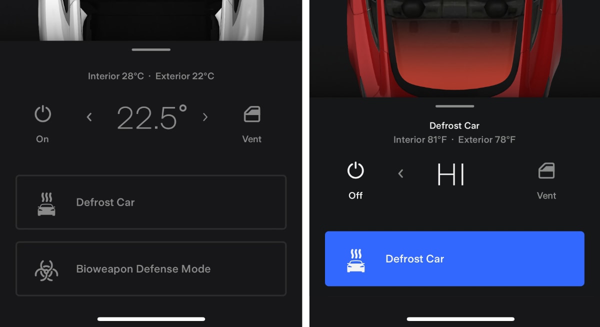 Ability to turn on Bioweapon Defense Mode in the new Tesla app with 2021.36