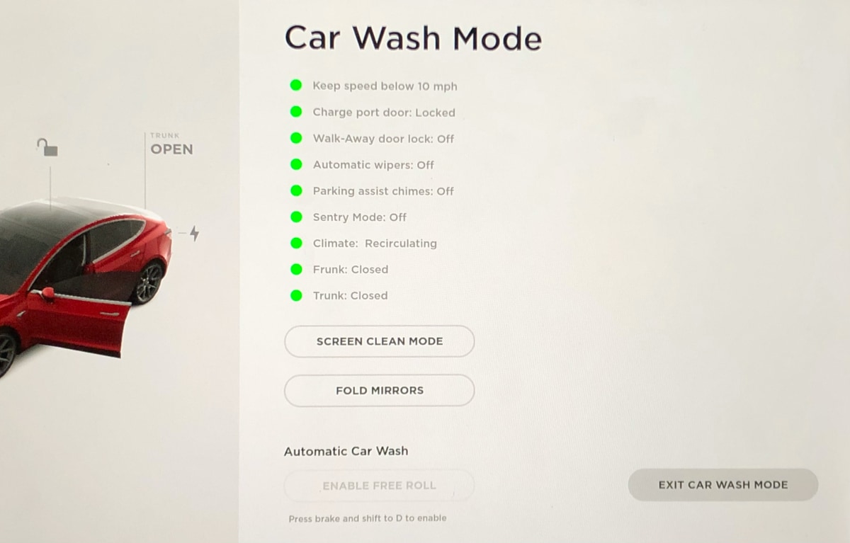 Tesla's Car Wash Mode gives the status of several features