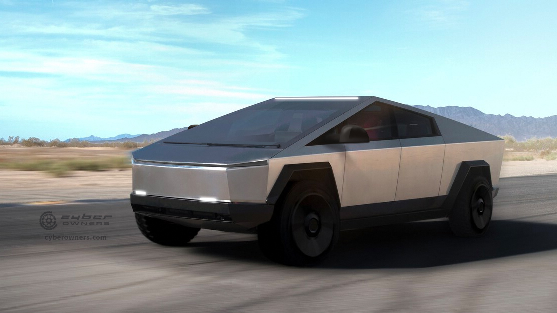 A render of Tesla's Cybertruck with side mirros