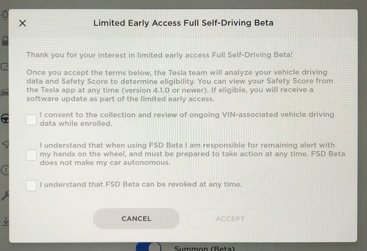 FSD Beta agreement dialog