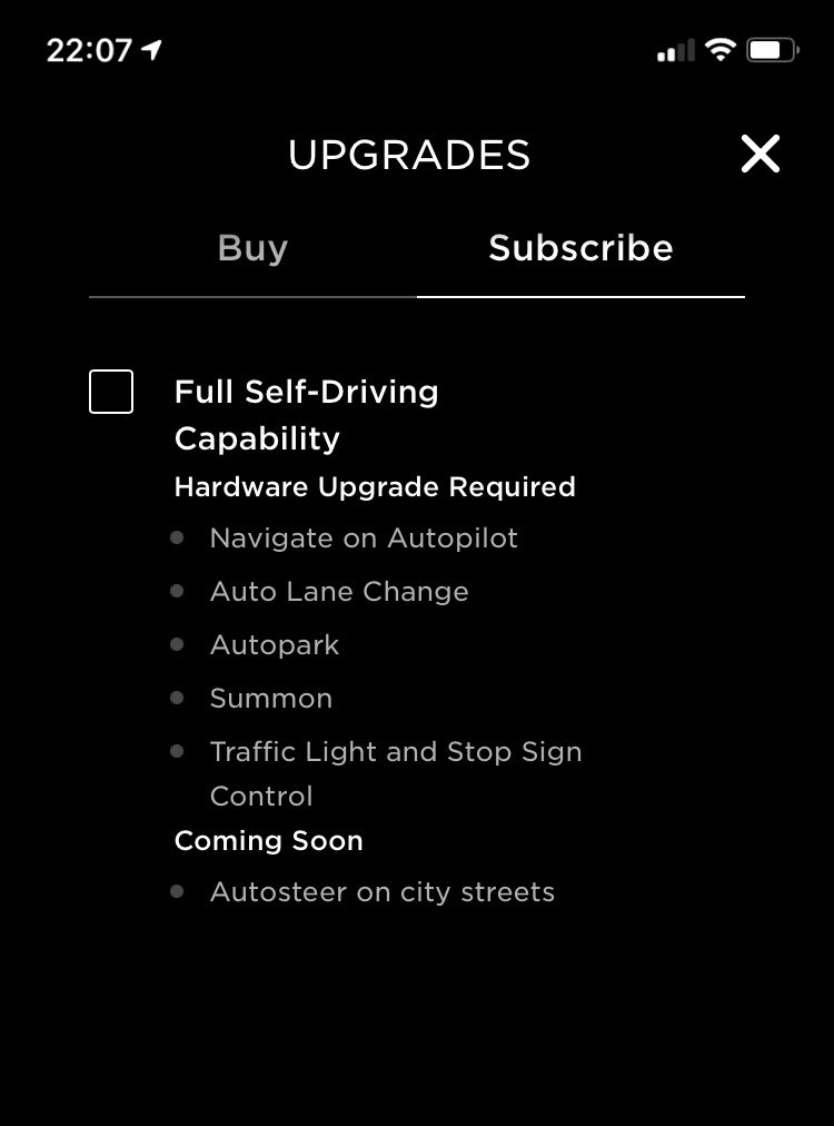 Tesla FSD subscription in Tesla app