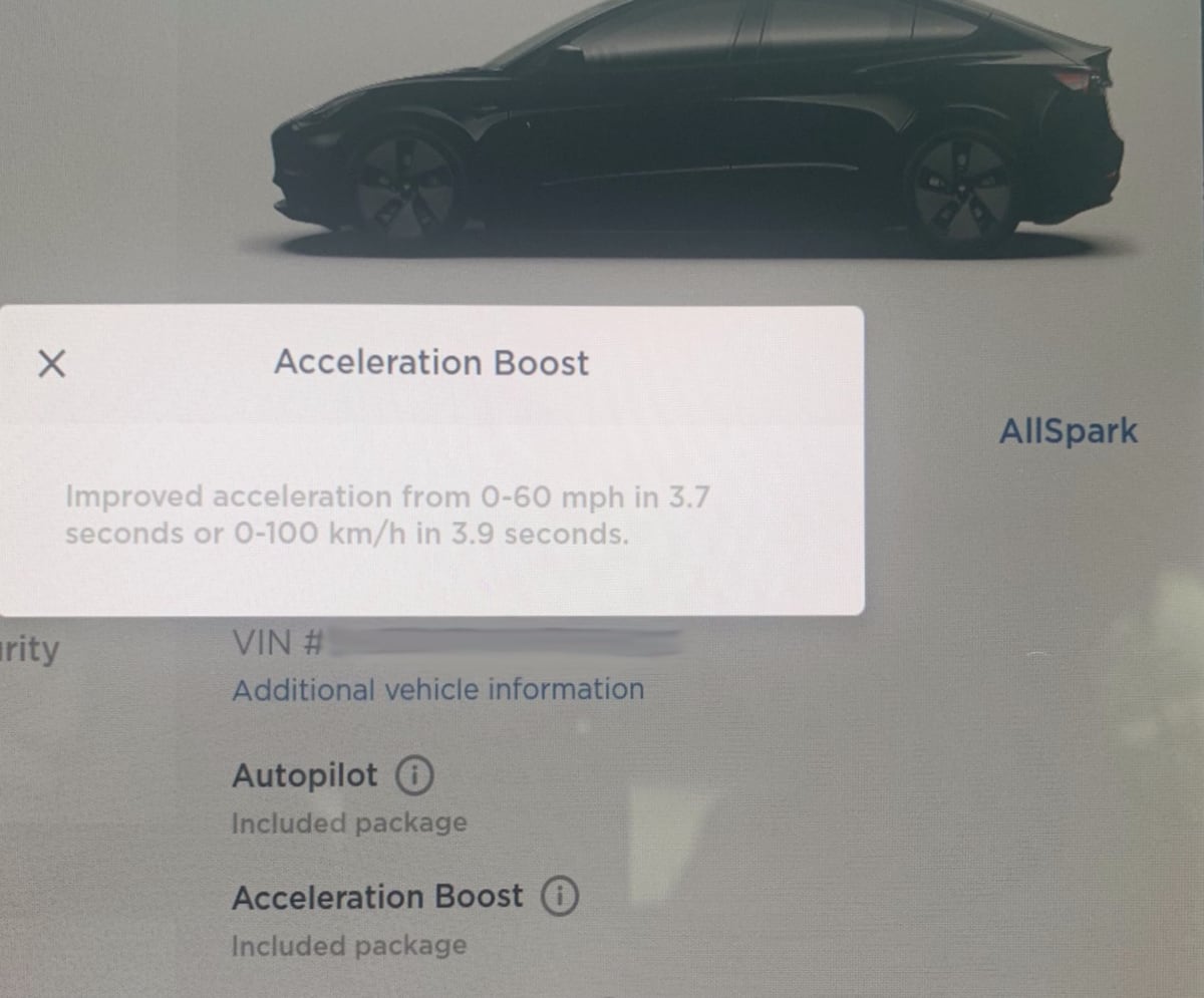 You can navigate to Controls then Software to see if your vehicle is equipped with the Acceleration Boost feature