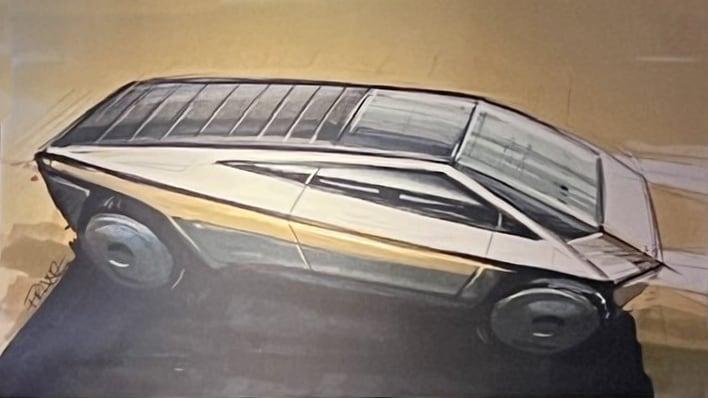 A sketch of a two-door Cybertruck can be found at the Peterson Automotive Museum