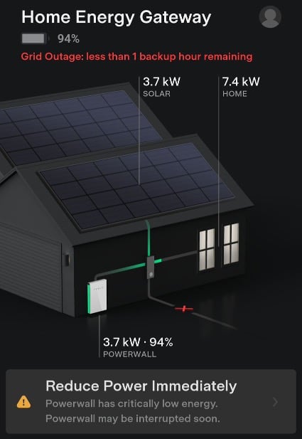 Tesla's app shows the amount of energy remaining