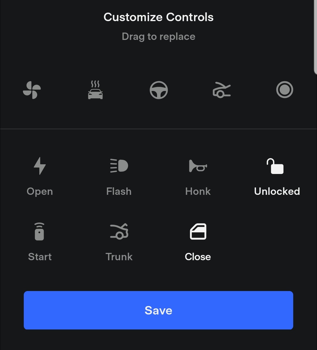 You can add a fifth Quick Control icon to the Tesla app