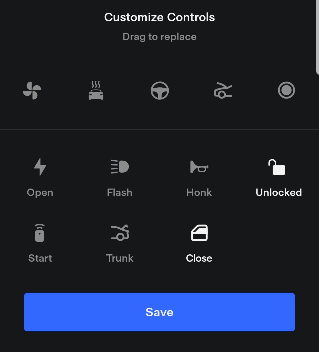 How to add more 'Quick Control' shortcut icons to the Tesla app