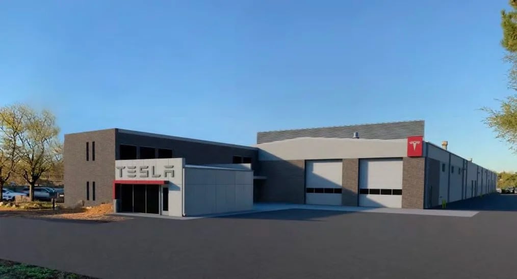 A rendering of Tesla's upcoming research and testing facility in Southfield, MI.