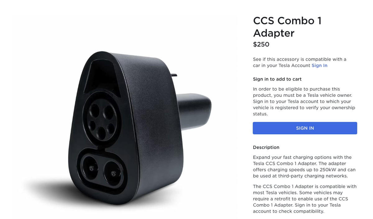 Tesla adds a new CCS adapter to store for US customers