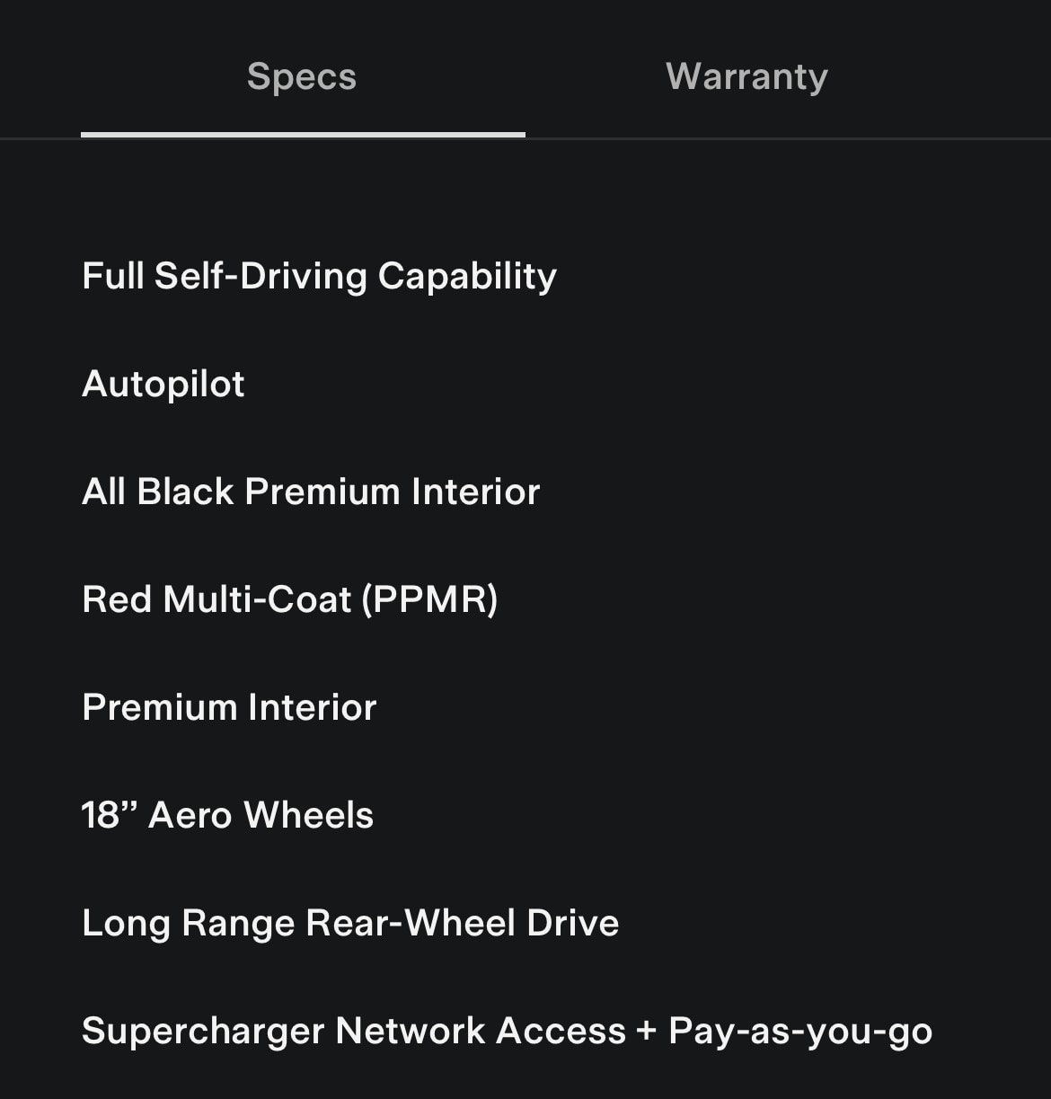 View vehicle specs in the Tesla app