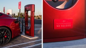 Tesla Installs Special Edition, Ultra Red Supercharger As It Reaches 50,000th Mark