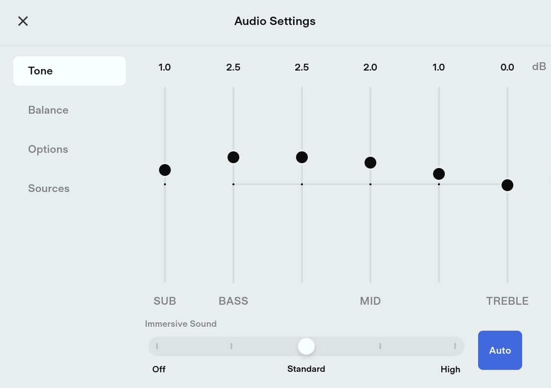 Tesla's Audio Settings menu that lets customize Tesla's immersive sound
