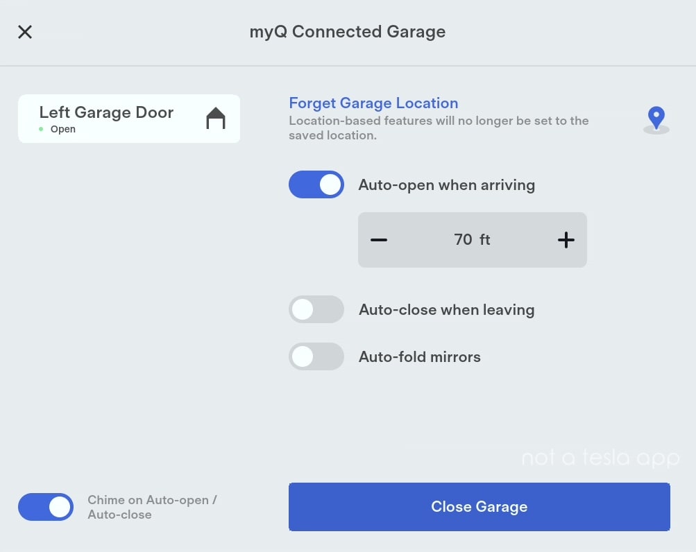 The myQ settings menu in a Tesla