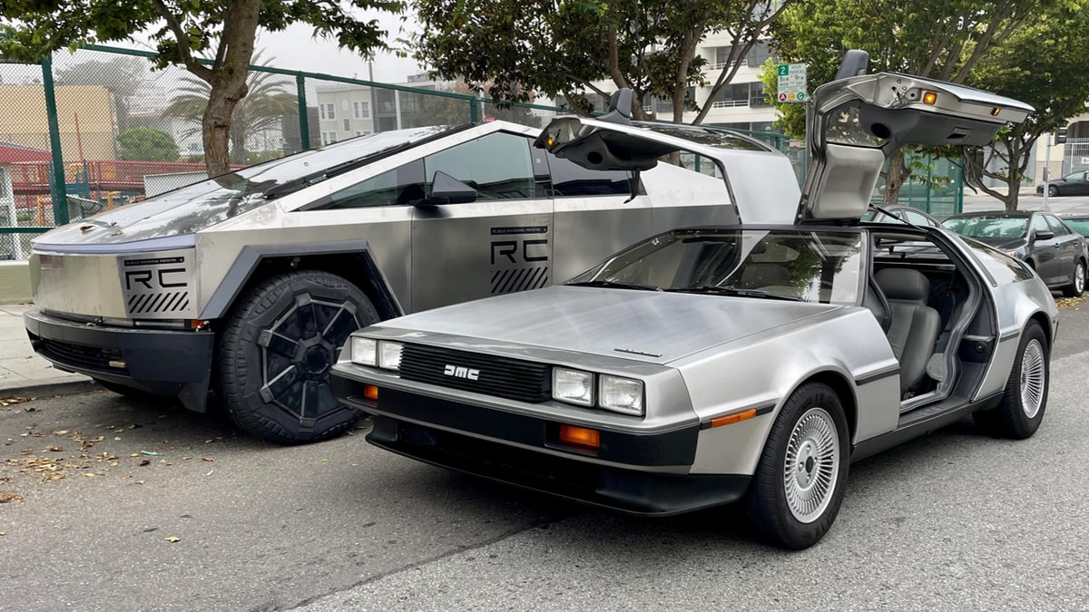 The Delorean DMC-12 next to Tesla's Cybertruck