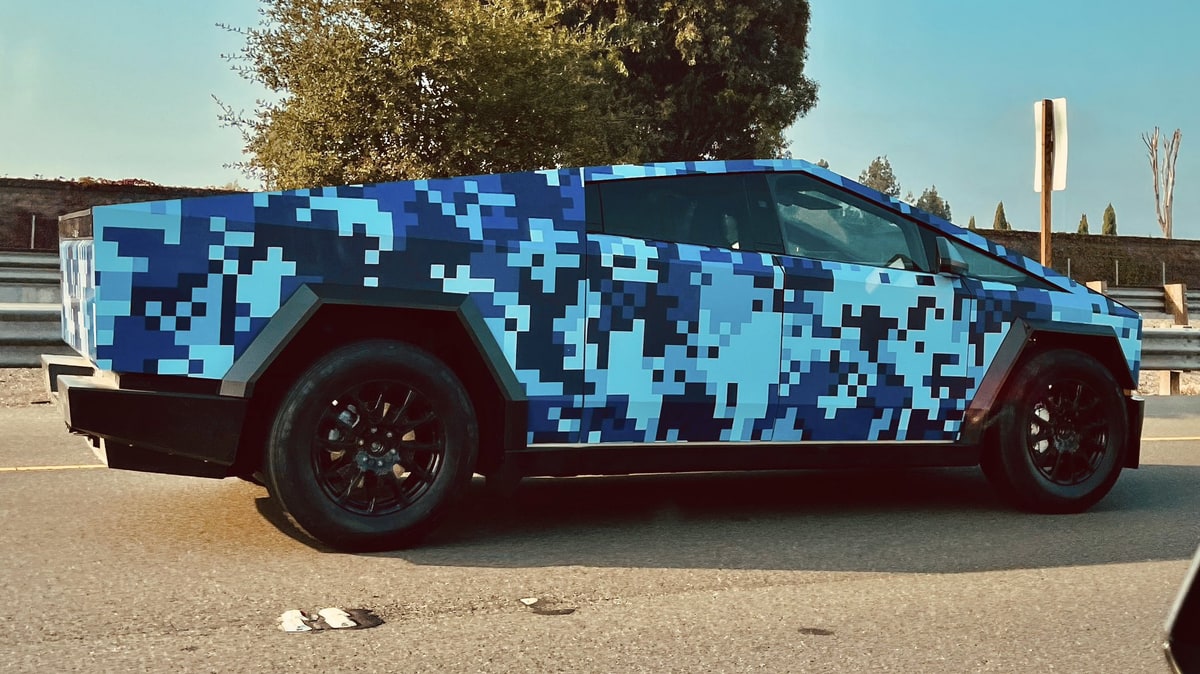 A 'digital camo' wrap on the Tesla Cybertruck