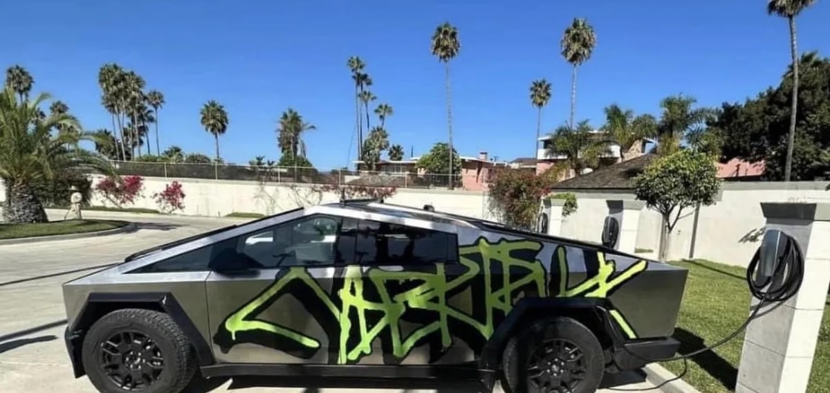 The Cybertruck was seen with a graffiti-like font on the side