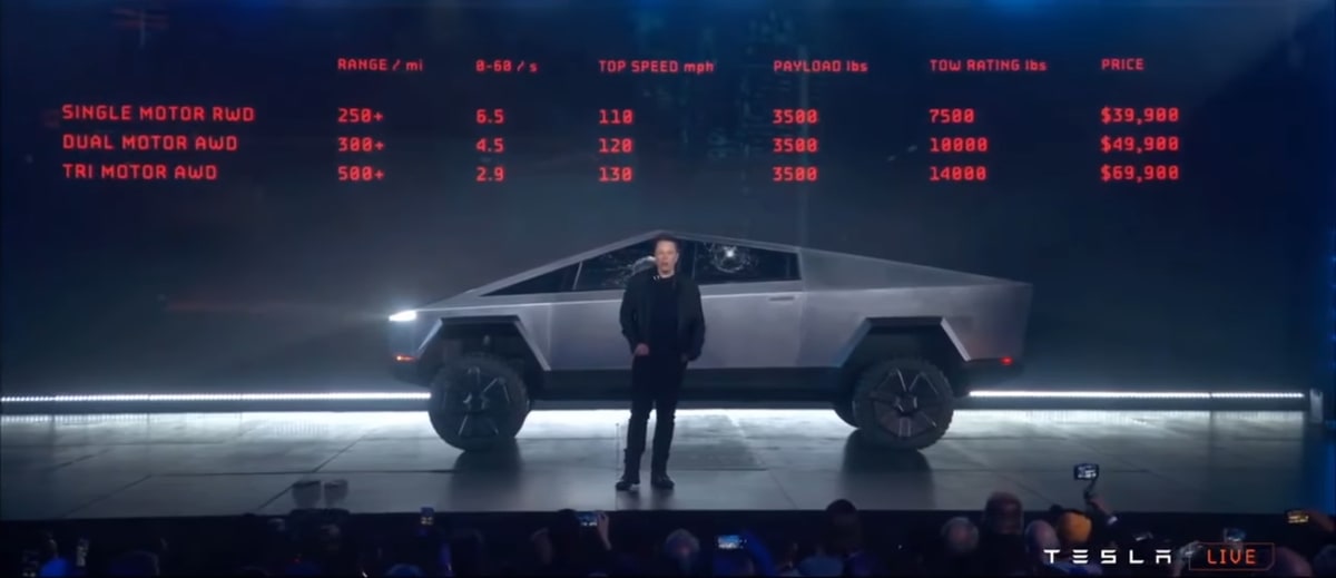 Tesla's original specs for the Cybertruck in 2019