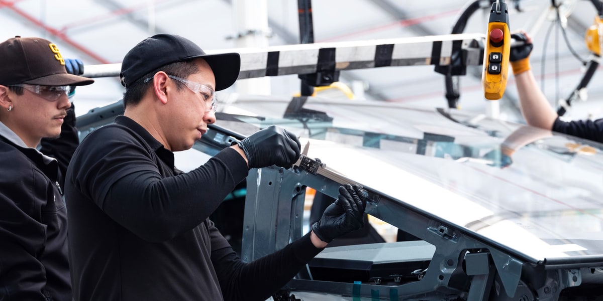 A peek at the Tesla Cybertruck being built