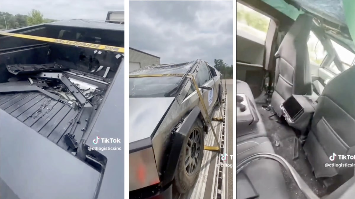 Tesla's Cybertruck after a suspected ditch rollover test