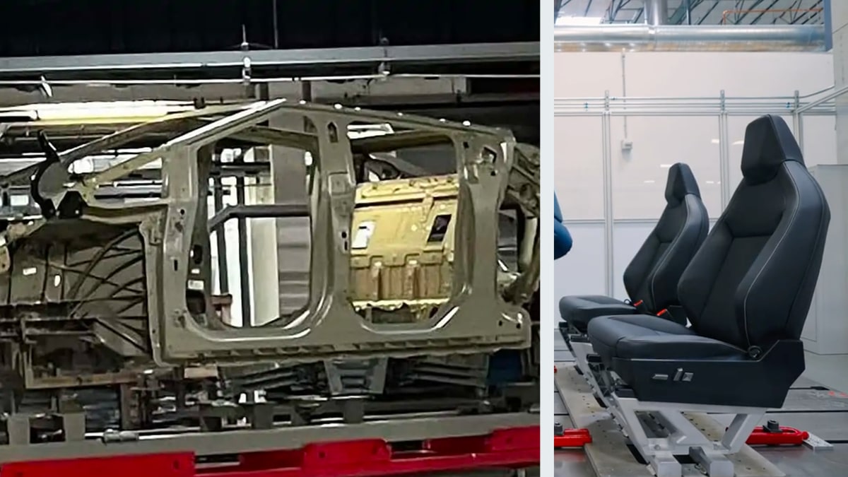 Close-ups of the Cybertruck frame and seats reveal several bits of information