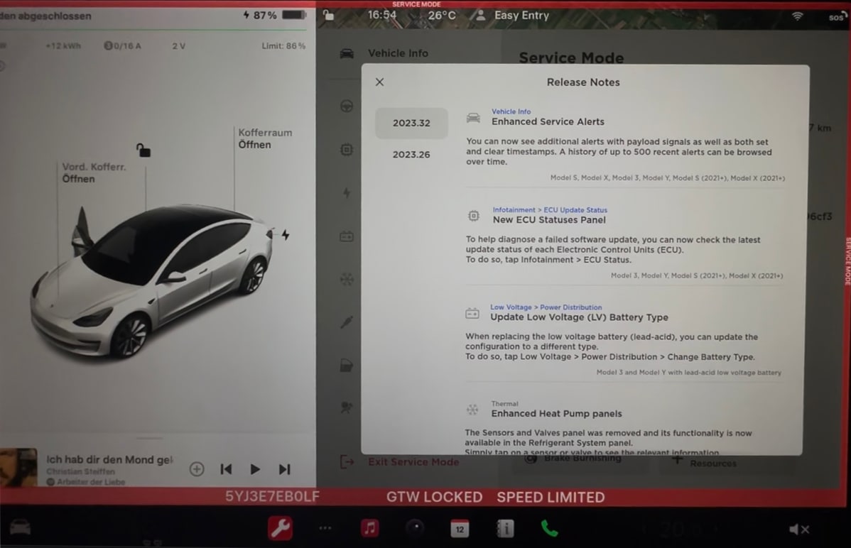 Tesla Service Mode Release Notes feature in update 2023.32.6