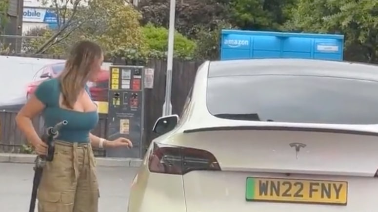 Danielle Wright tries to fuel up her Tesla