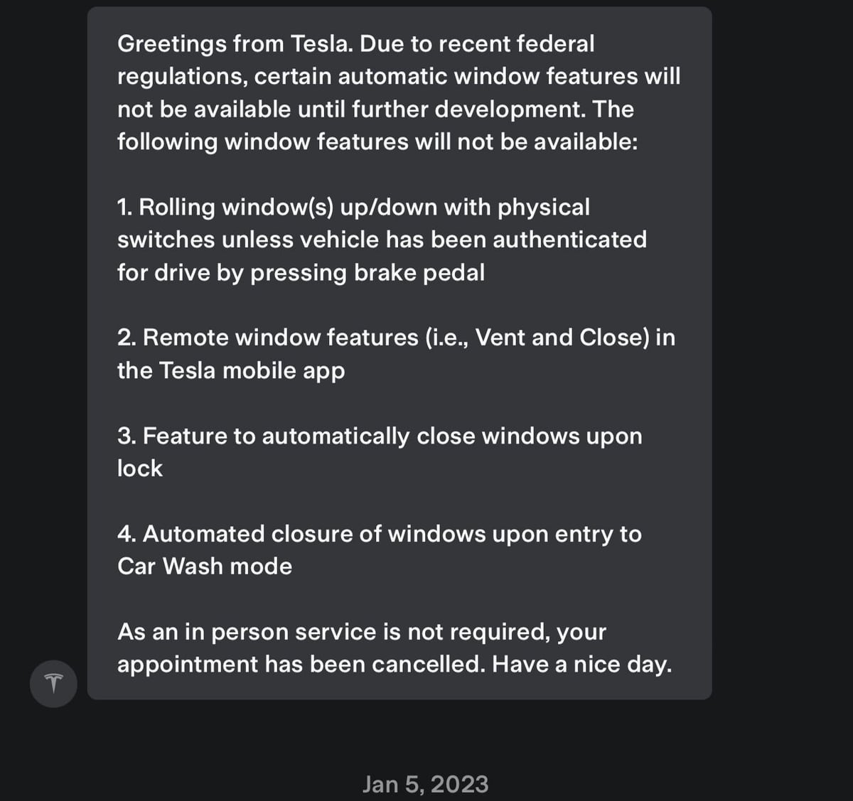 Tesla service responds to @Tommyf902 about his window auto-close feature being unavailable