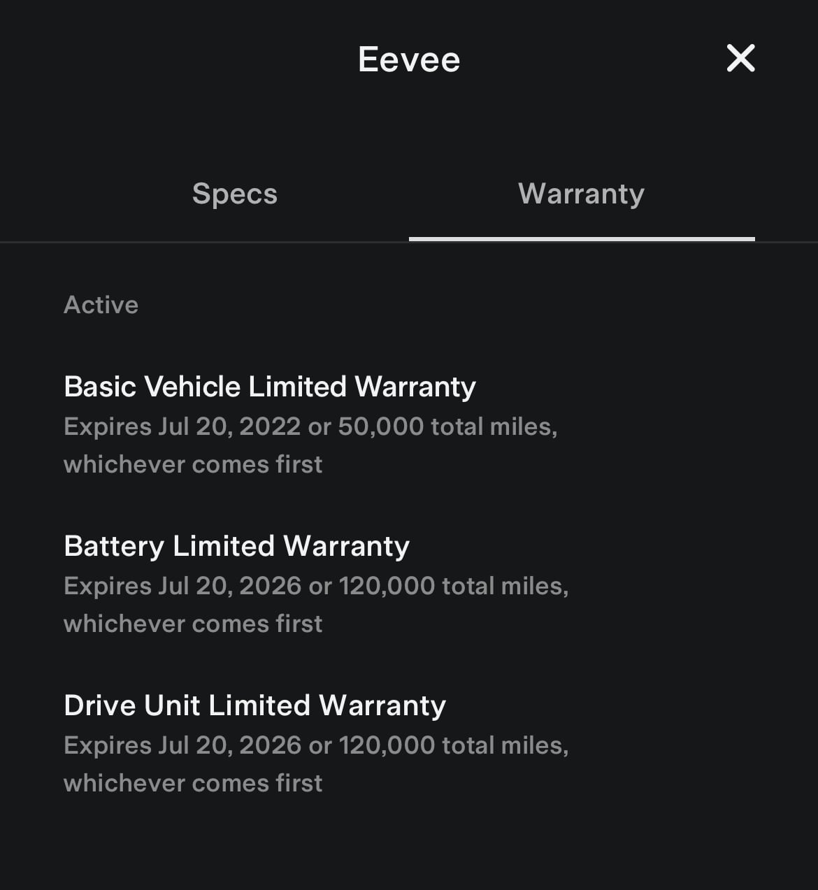 Tesla Specs & Warranty feature in update 4.11