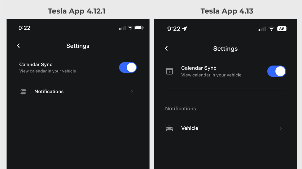 Tesla Notifications Section feature in update 4.13