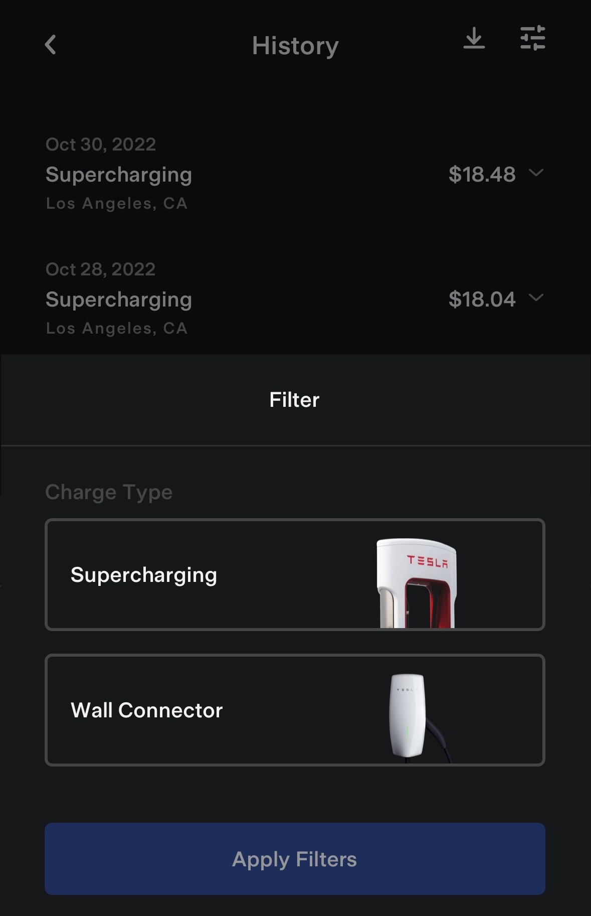 Tesla Charging Filter feature in update 4.17
