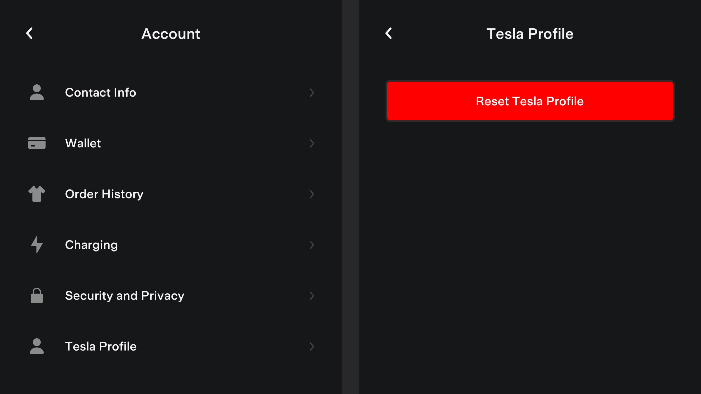 Tesla Reset Tesla Profile feature in update 4.22