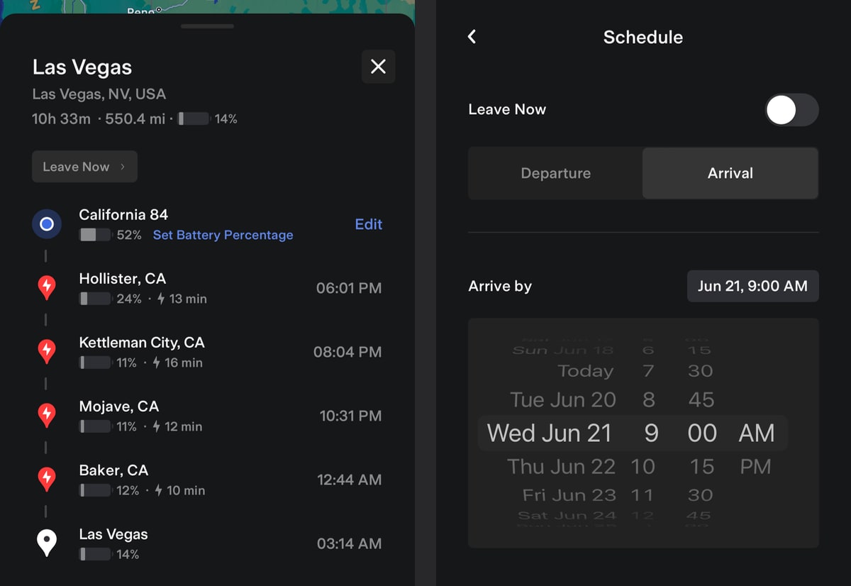 Tesla Trip Planner Improvements feature in update 4.22