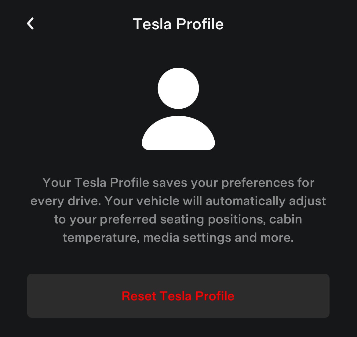 Tesla Reset Tesla Profile feature in update 4.23