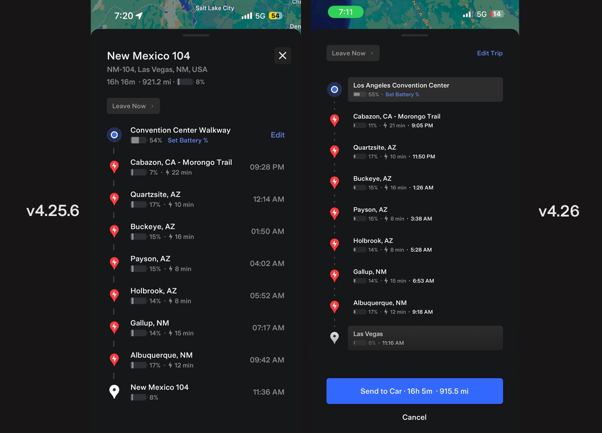 Tesla Updated Trip Planner UI feature in update 4.26