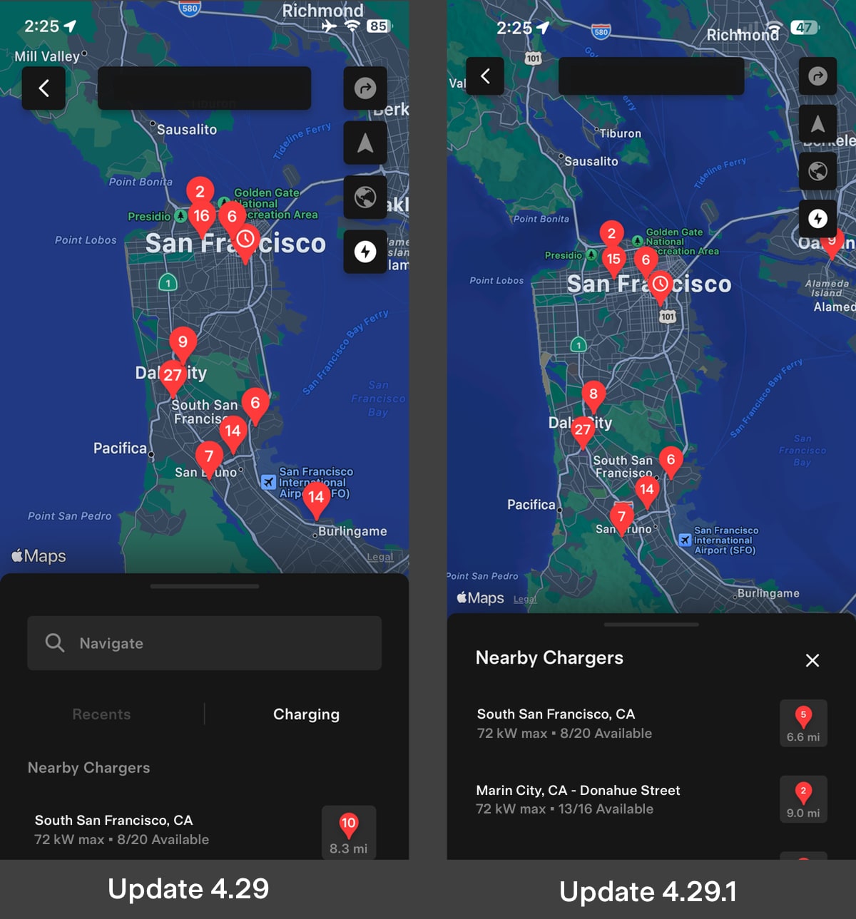 Tesla Nearby Chargers feature in update 4.29.1