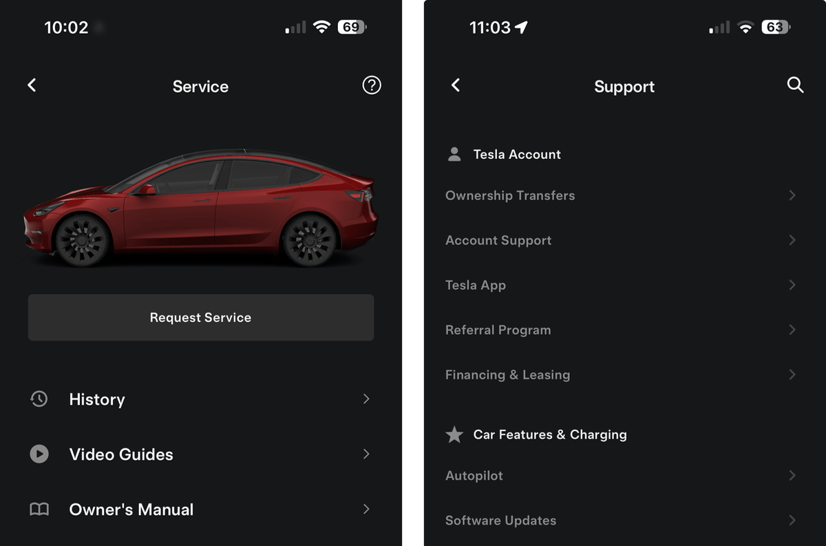 Tesla Service Section feature in update 4.30