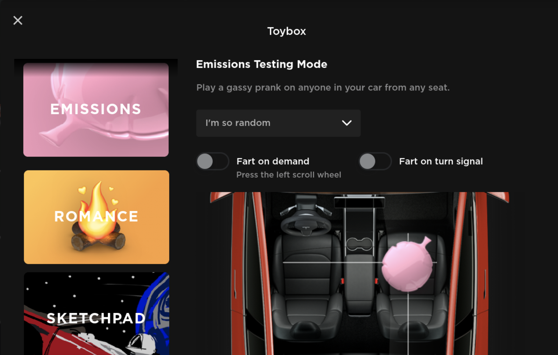 Tesla Tesla Toybox feature in update 2020.16.2.1