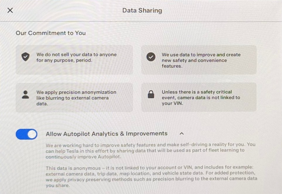 Tesla New Data Sharing Policy feature in update 2023.20.7
