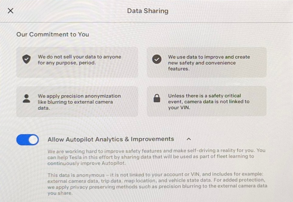 Tesla New Data Sharing Policy feature in update 2023.27.6