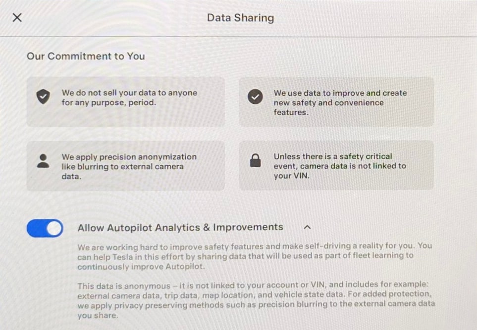 Tesla New Data Sharing Policy feature in update 2023.20.200