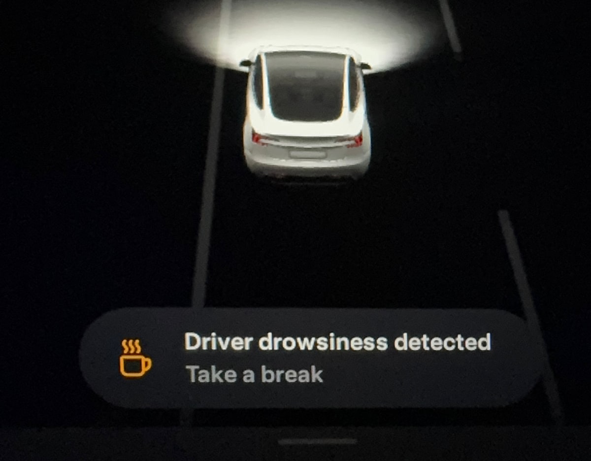 The new Model 3 software has a drowsiness warning that appears on screen