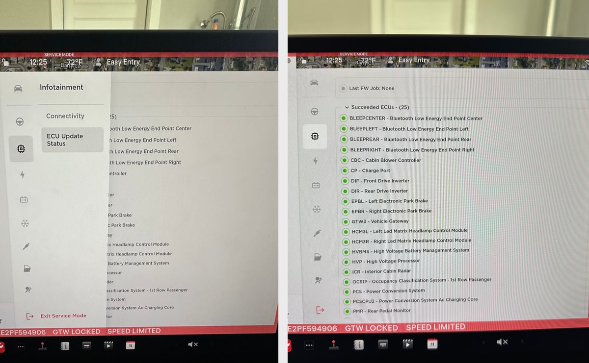 Tesla Service Mode ECU Status feature in update 2023.32