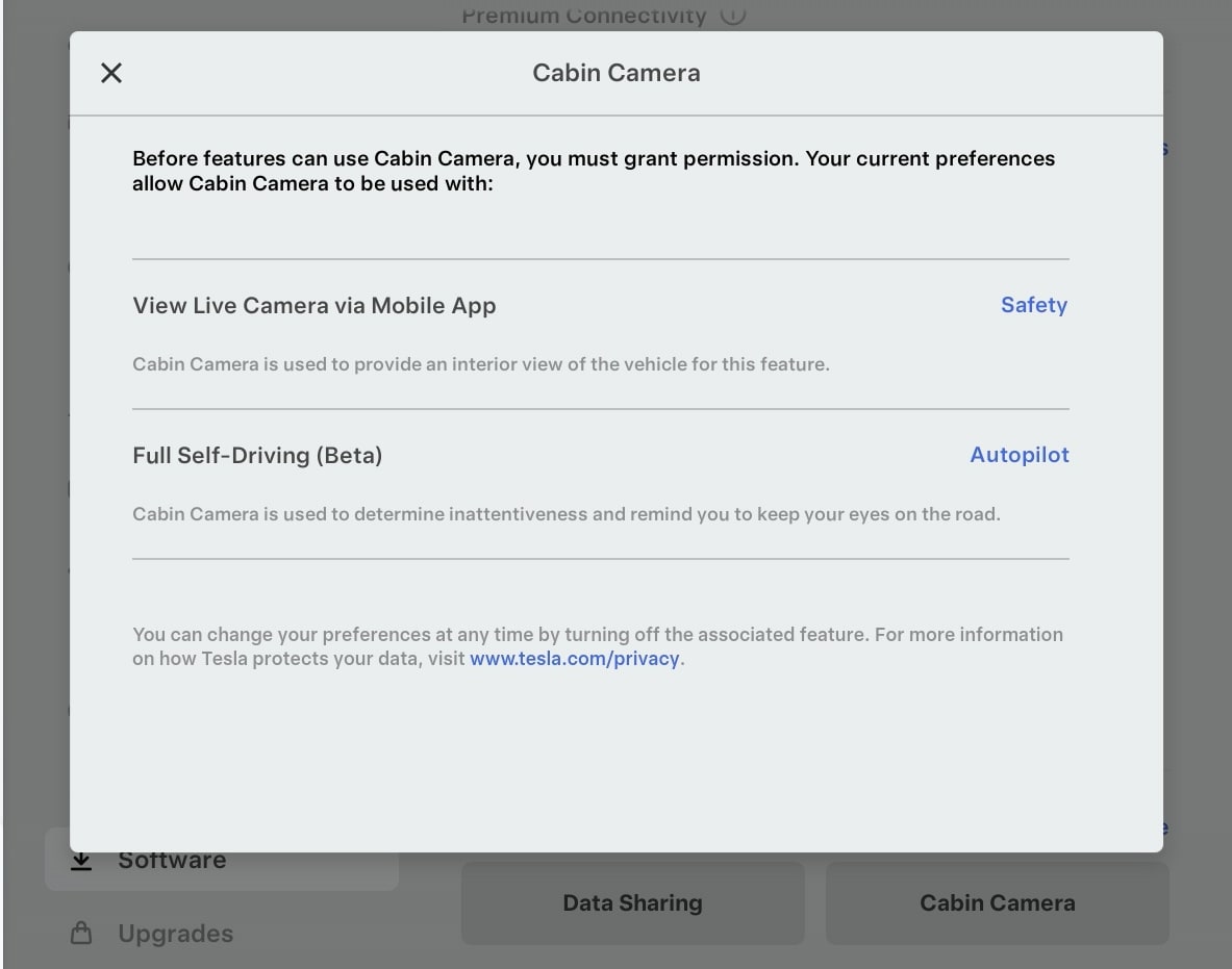 Tesla Cabin Camera Privacy feature in update 2023.44.30.5.1