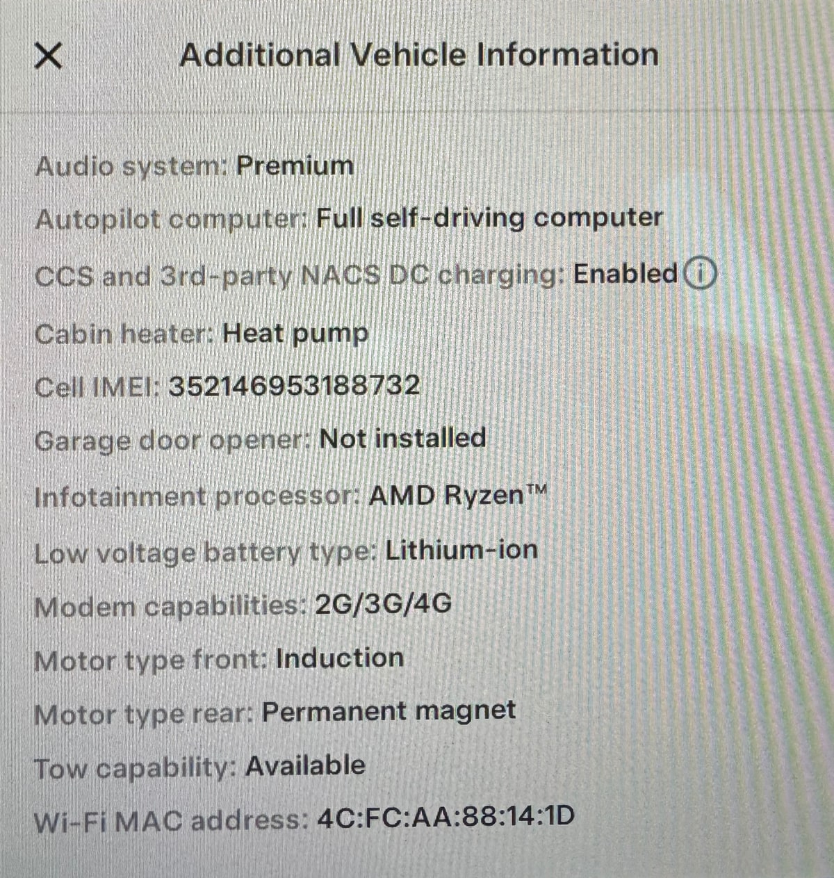 Tesla Additional Vehicle Info feature in update 2024.2.2.1