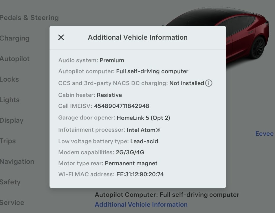 Tesla Additional Vehicle Info feature in update 2024.2.200