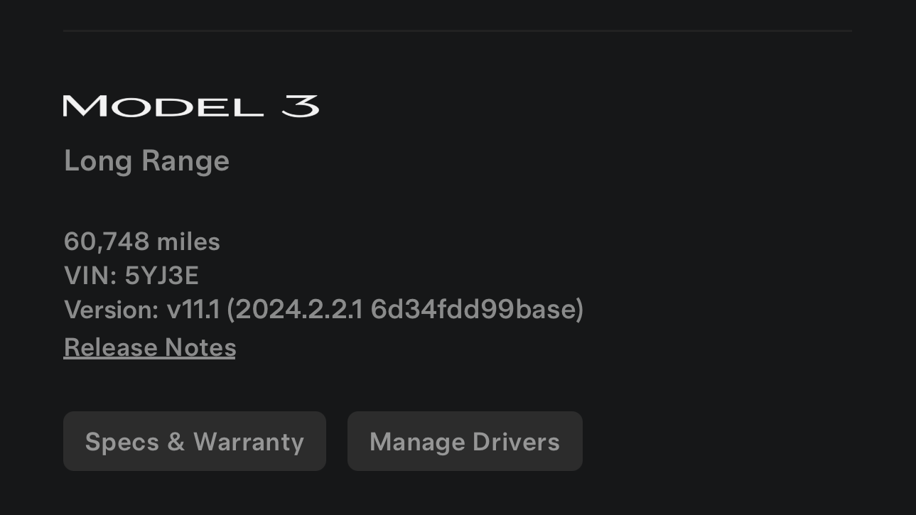 Tesla Software Version in App feature in update 2024.2.12