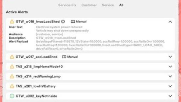 Tesla improves Service Mode with alert payload data