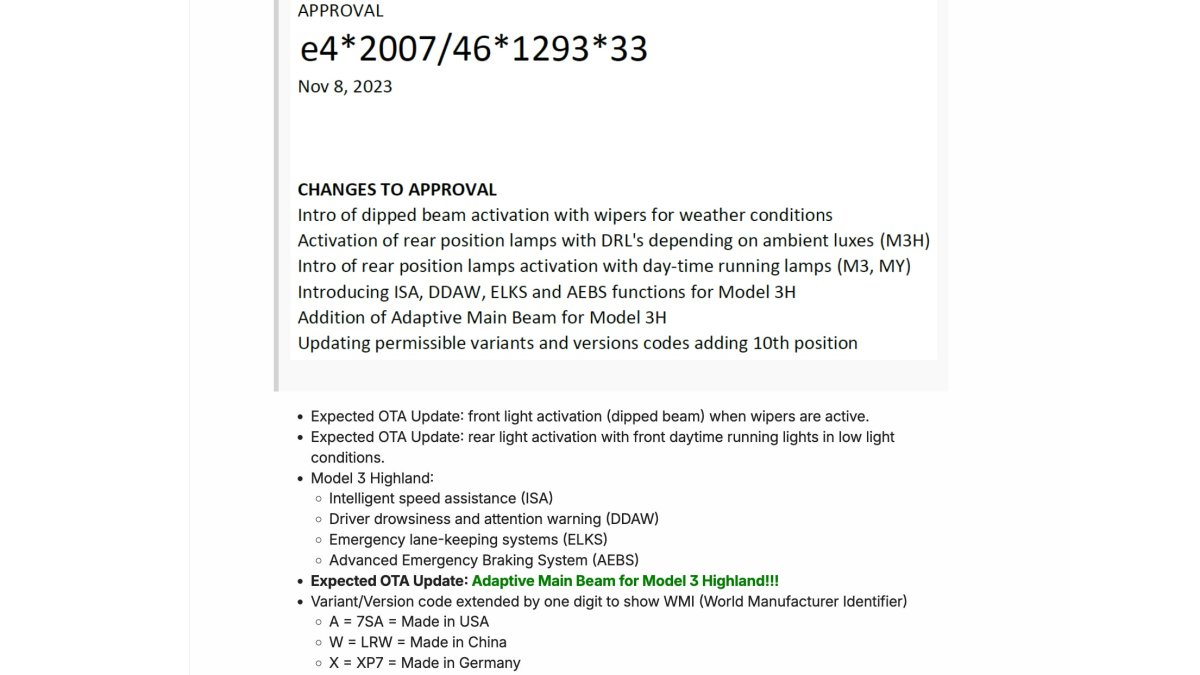 European document reveals Tesla is adding matrix headlight support