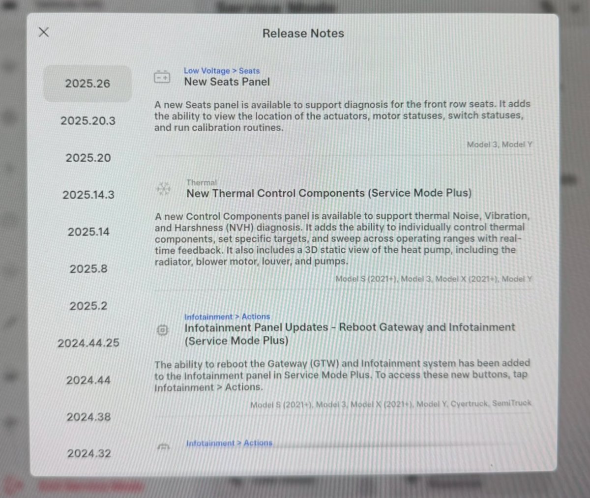 Tesla Service Mode Improvements feature in update 2025.26.3