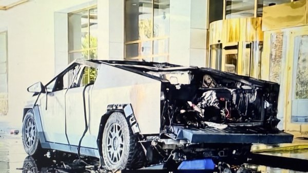 Cybertruck With Makeshift Bomb Explodes; Exoskeleton Minimizes Damage